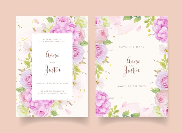 Wedding invitation with watercolor pink roses and hydrangea flower