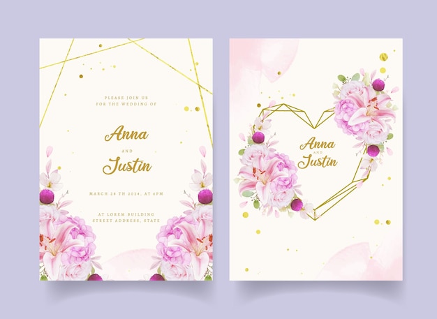 Wedding invitation with watercolor pink roses  hydrangea  and lily