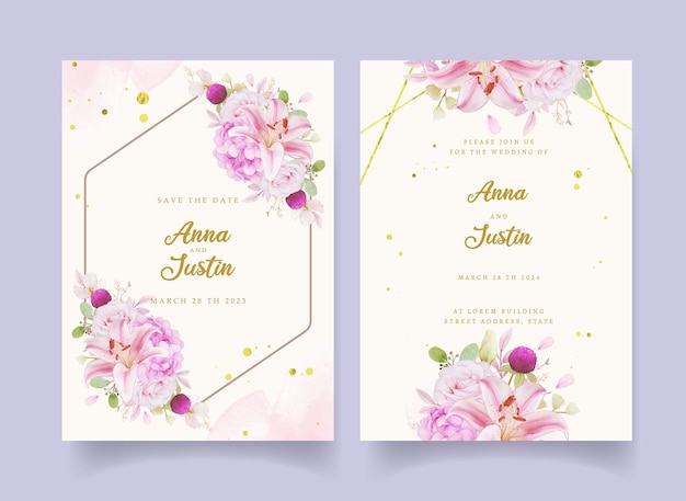 Vector wedding invitation with watercolor pink roses  hydrangea  and lily