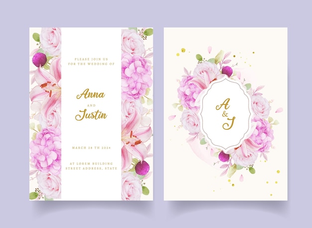 Wedding invitation with watercolor pink roses  hydrangea  and lily