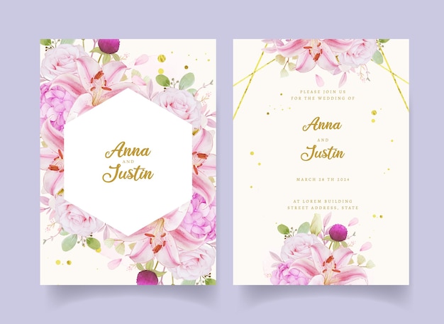 Wedding invitation with watercolor pink roses  hydrangea  and lily