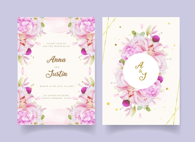 Wedding invitation with watercolor pink roses  hydrangea  and lily