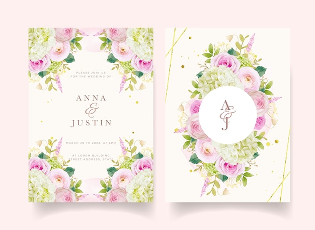 Wedding invitation with watercolor pink roses and hydrangea