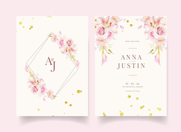 Wedding invitation with watercolor pink roses lily and calla lily