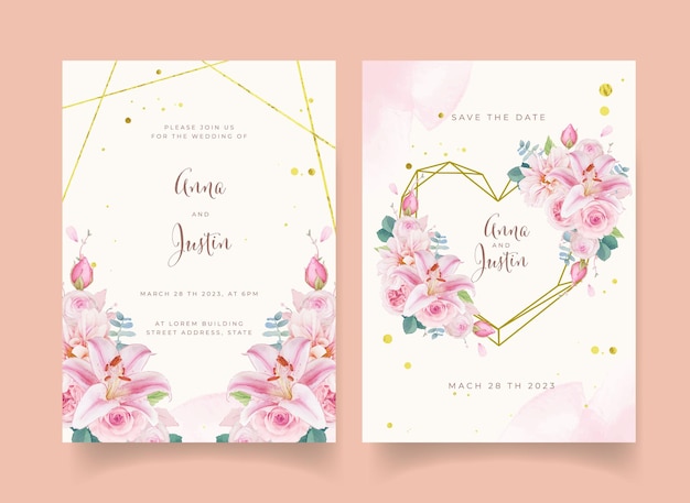 Vector wedding invitation with watercolor pink roses lily and dahlia