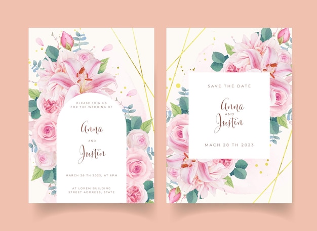 Wedding invitation with watercolor pink roses lily and dahlia