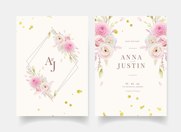 Vector wedding invitation with watercolor pink roses ranunculus and dahlia