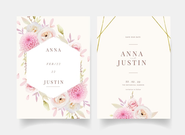 Vector wedding invitation with watercolor pink roses ranunculus and dahlia