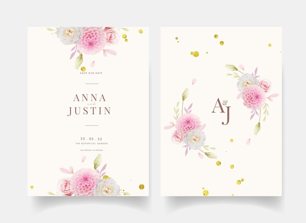 Vector wedding invitation with watercolor pink roses ranunculus and dahlia