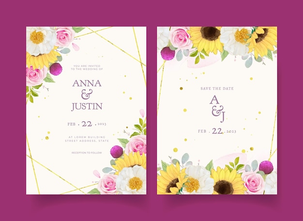 Wedding invitation with watercolor pink roses and sunflower