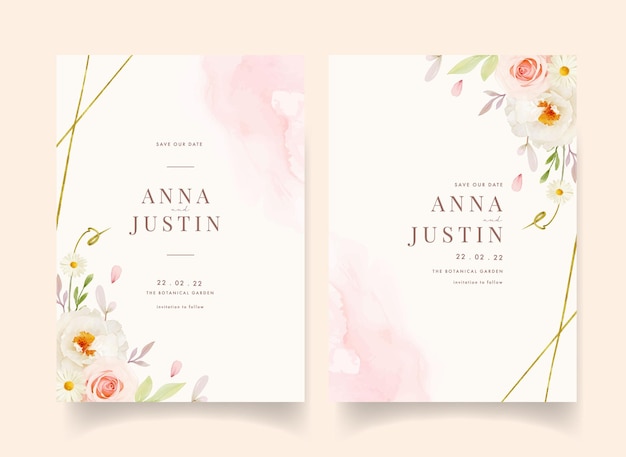 Wedding invitation with watercolor pink roses and white peony