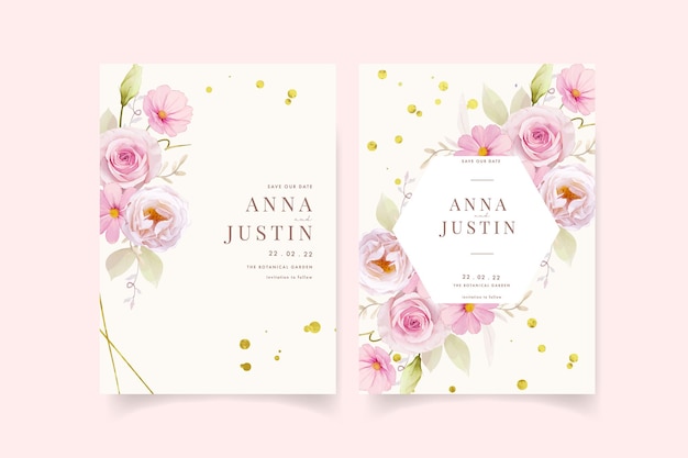 Wedding invitation with watercolor pink roses