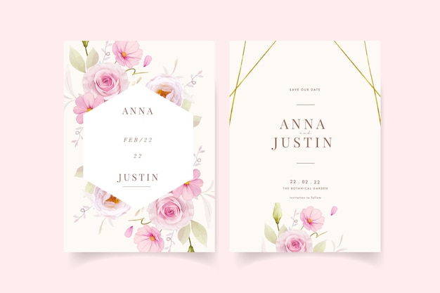 Wedding invitation with watercolor pink roses