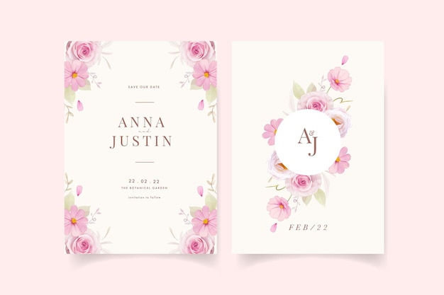 Wedding invitation with watercolor pink roses