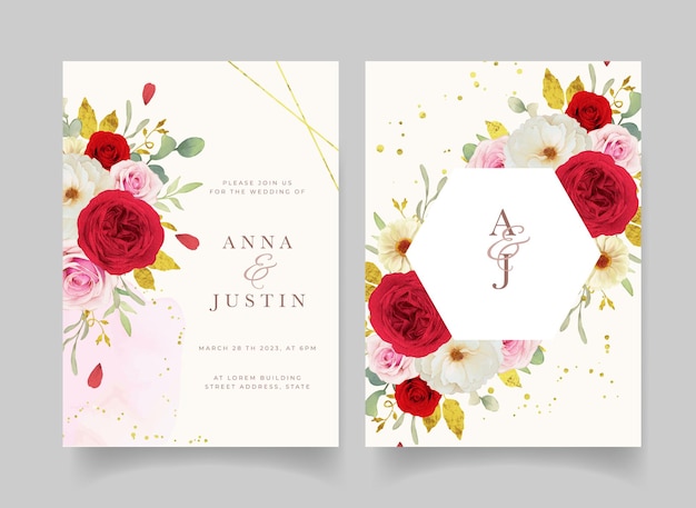 Wedding invitation with watercolor pink white and red roses