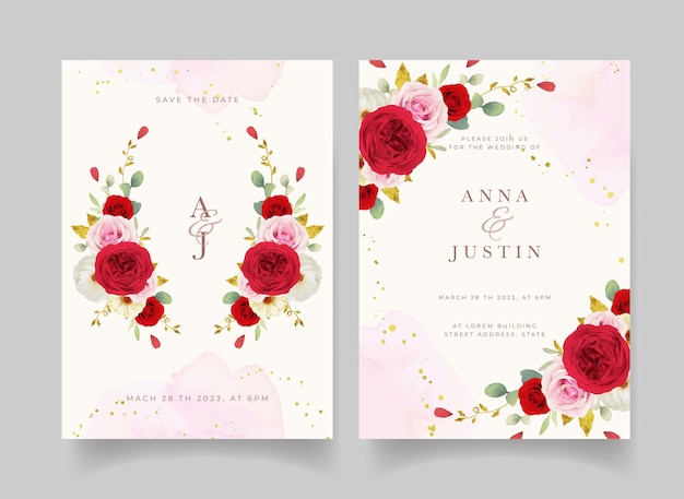 Wedding invitation with watercolor pink white and red roses