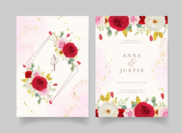 Vector wedding invitation with watercolor pink white and red roses