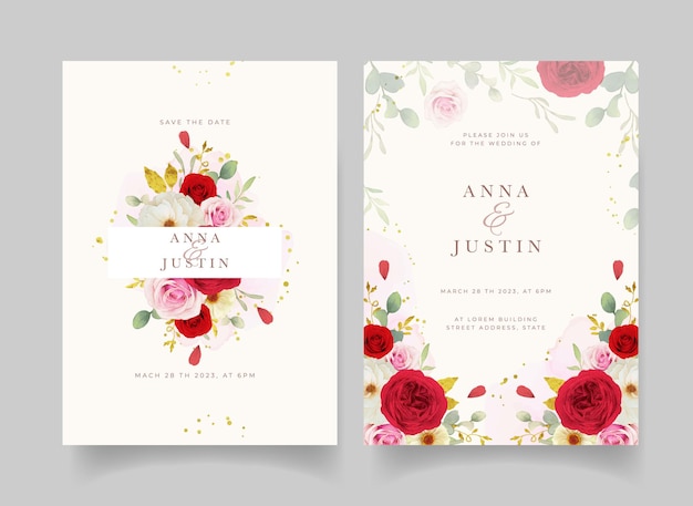 Wedding invitation with watercolor pink white and red roses