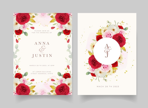 Vector wedding invitation with watercolor pink white and red roses