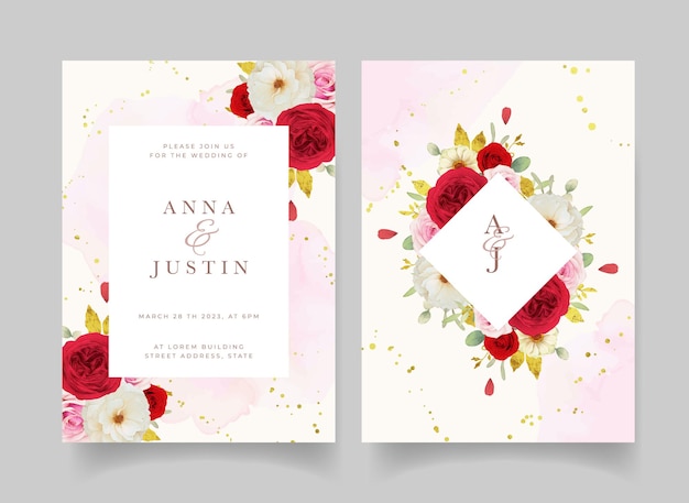 Wedding invitation with watercolor pink white and red roses