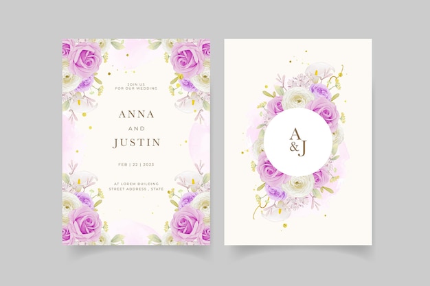 Wedding invitation with watercolor purple rose  lily  and ranunculus flower