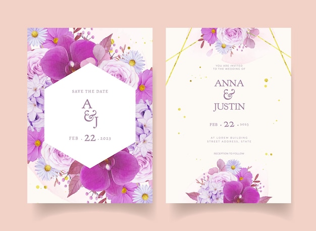 Wedding invitation with watercolor purple rose and orchid