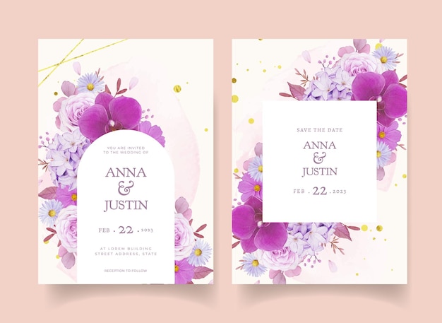 Wedding invitation with watercolor purple rose and orchid