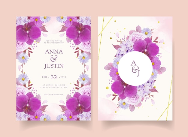 Wedding invitation with watercolor purple rose and orchid