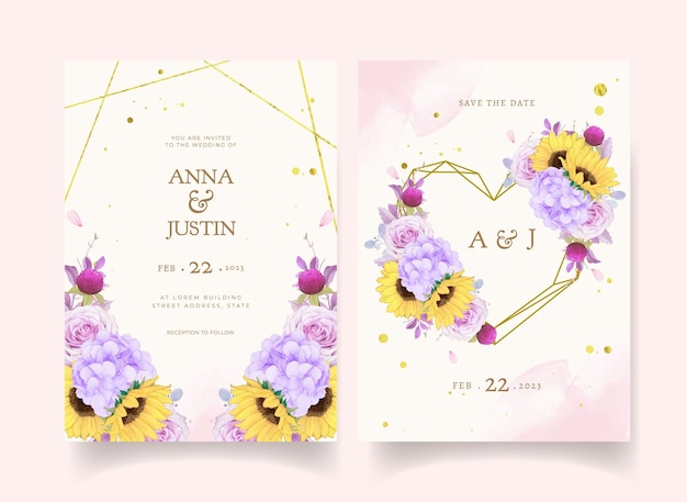 Wedding invitation with watercolor purple rose and sunflower