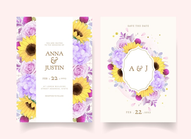 Wedding invitation with watercolor purple rose and sunflower