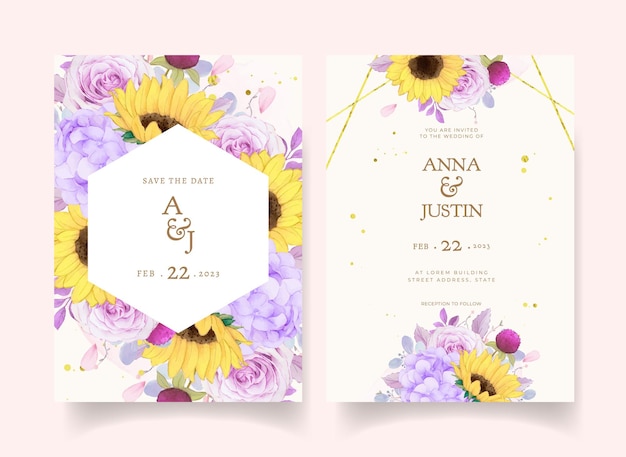 Wedding invitation with watercolor purple rose and sunflower