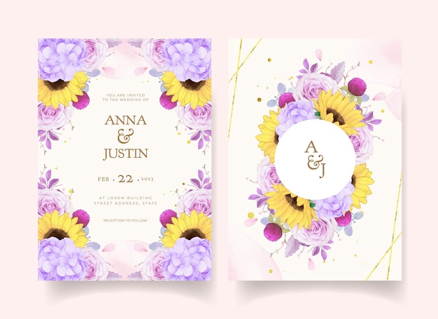 Wedding invitation with watercolor purple rose and sunflower