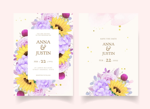 Wedding invitation with watercolor purple rose and sunflower