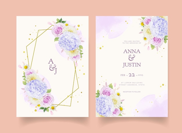 Приглашение на свадьбу с акварельными фиолетовыми розами георгином и цветком гортензии