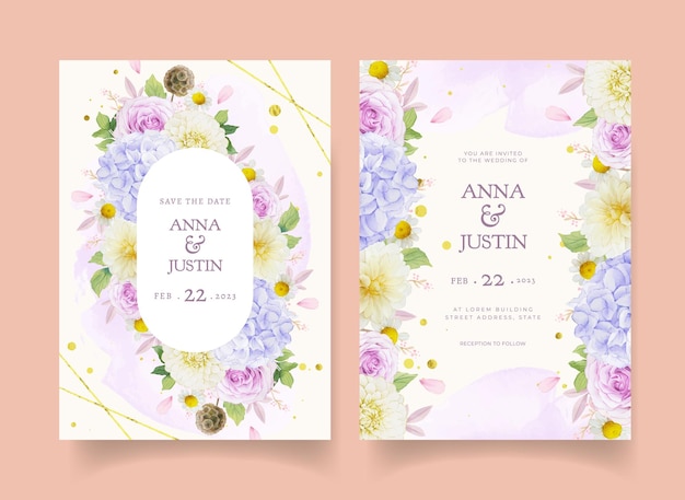 Wedding invitation with watercolor purple roses dahlia and hydrangea flower