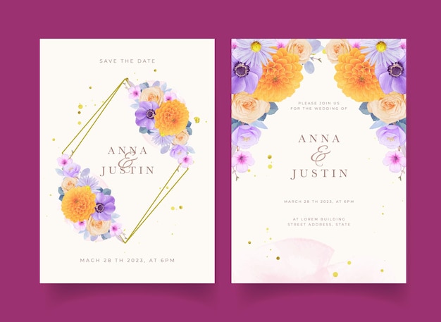 Wedding invitation with watercolor purple and yellow flowers