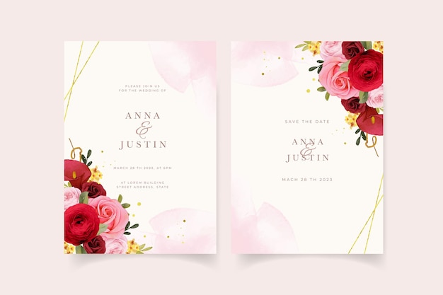 Vector wedding invitation with watercolor red rose  lily  and ranunculus flower