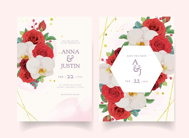 Vector wedding invitation with watercolor red roses and orchid