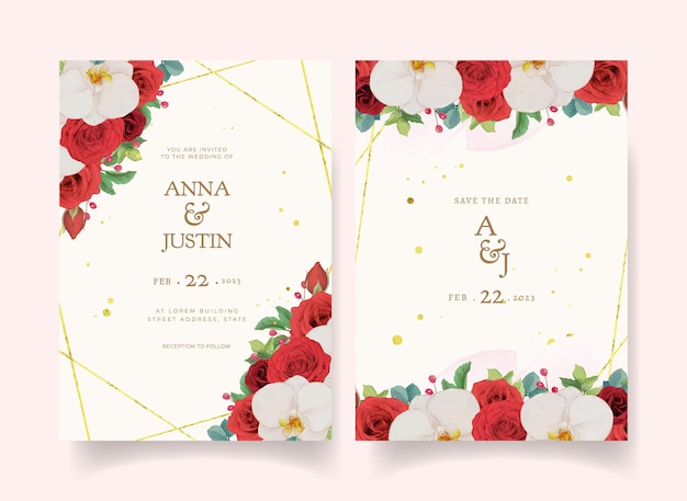 Wedding invitation with watercolor red roses and orchid