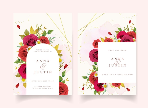 Wedding invitation with watercolor red roses