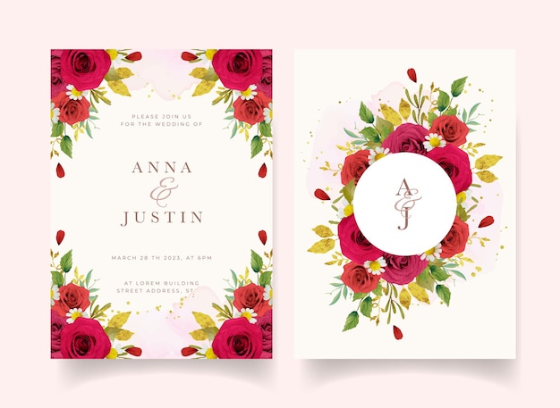 Wedding invitation with watercolor red roses