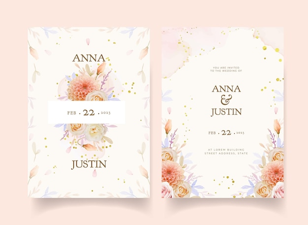 Wedding invitation with watercolor rose and dahlia flower