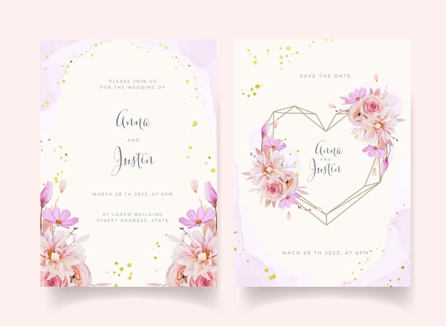 Vector wedding invitation with watercolor rose dahlia and ranunculus flower