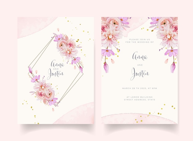 Vector wedding invitation with watercolor rose dahlia and ranunculus flower