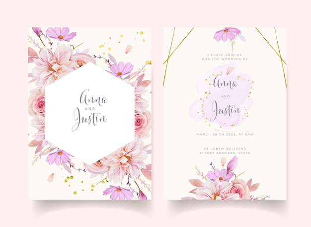 水彩のバラのダリアとラナンキュラスの花の結婚式の招待状