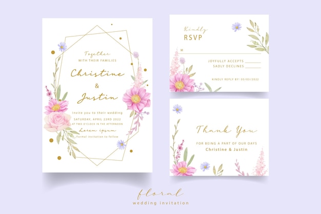 Wedding invitation with watercolor roses and anemone flowers