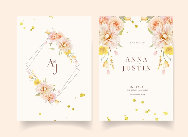 Wedding invitation with watercolor roses and dahlia