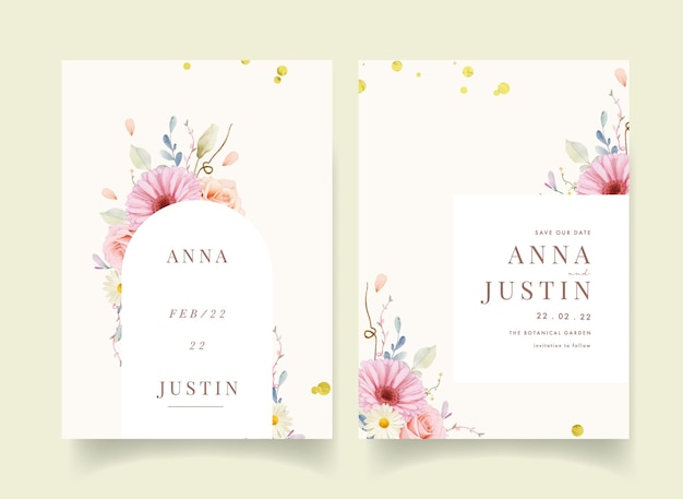 Wedding invitation with watercolor roses and gerbera