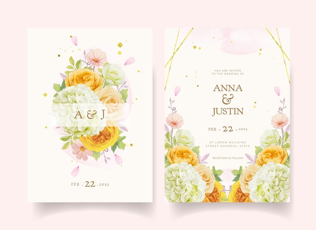 Wedding invitation with watercolor roses and hydrangea