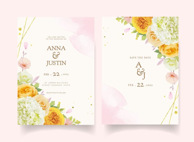 Wedding invitation with watercolor roses and hydrangea